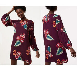 Loft Autumn Luau Ruffle Sleeve Polka Dot Floral Plum Shift Dress XSP